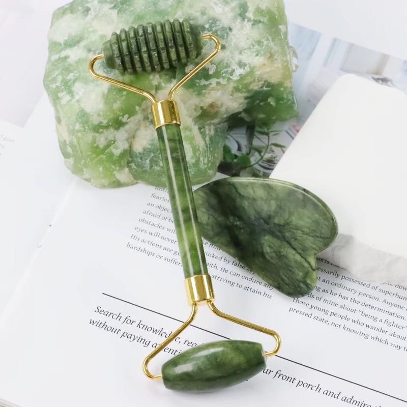 Jade Roller Stone - Jade-Spike-Roller & Gua-Sha-Set Naturstein Anti-Ermüdungs-Gesichtsmassagegerät für
