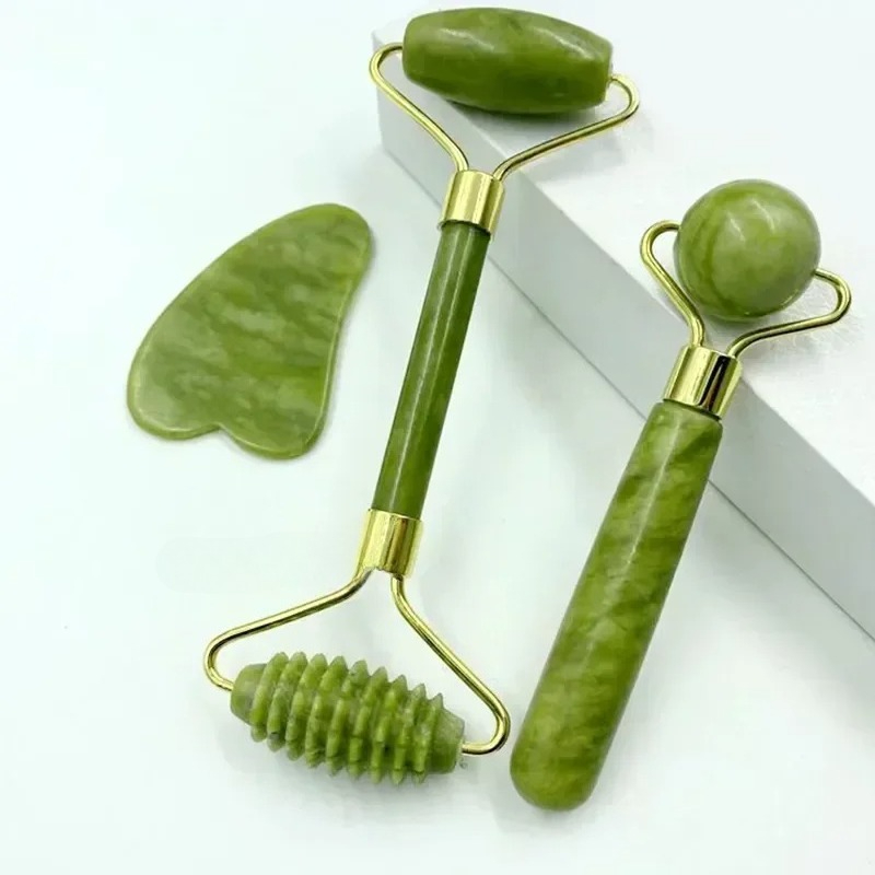 Jade Roller Stone - Natürliches Jade-Rollenmassagegerät, Schabebrett, Fußmassagerolle, Gesichtslifting und